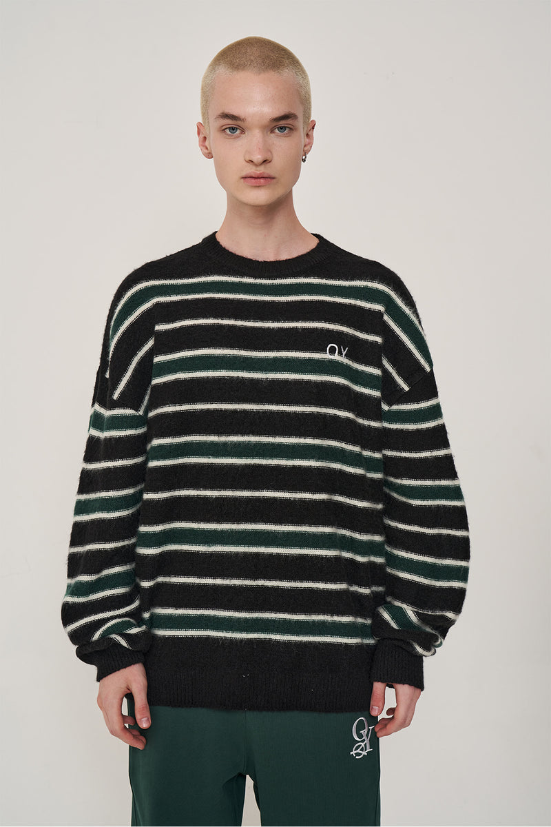 オーワイ(OY) MOHAIR STRIPE KNIT-BLACK/GREEN