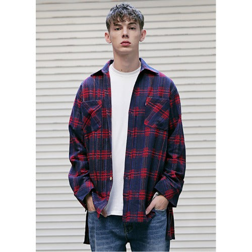 メスノウン(MASSNOUN) CHRRYSANTHEMUM CHECK SIDE VENT LONG SHIRT MFVST002-NV