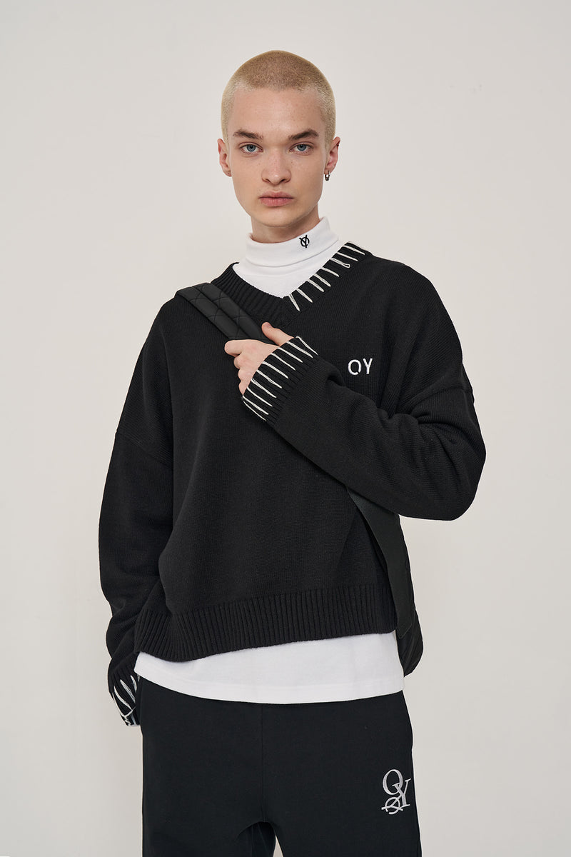 オーワイ(OY) STITCH V NECK CROP KNIT-BLACK