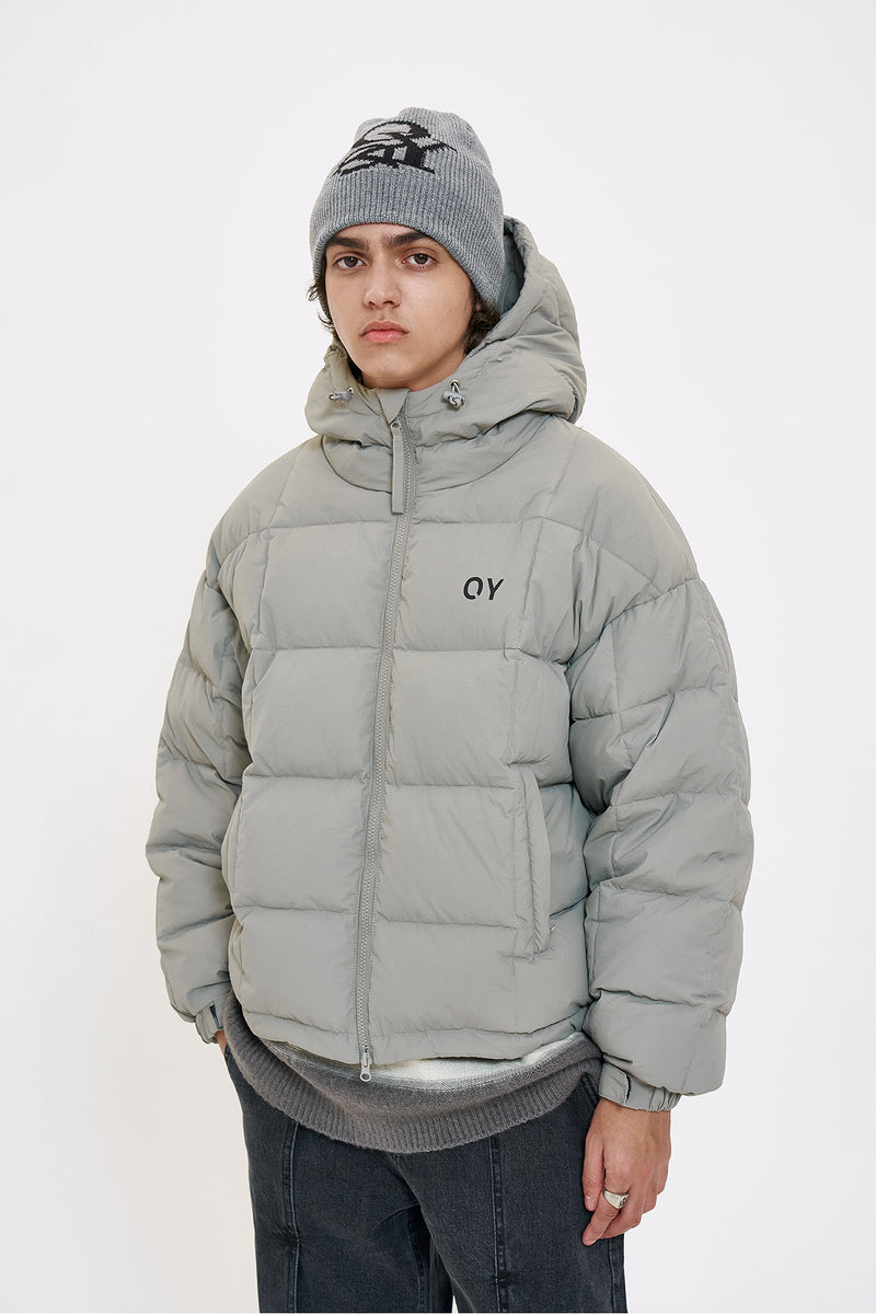 オーワイ(OY) SQUARE BLOCK HOODIE DOWN JUMPER-GREY