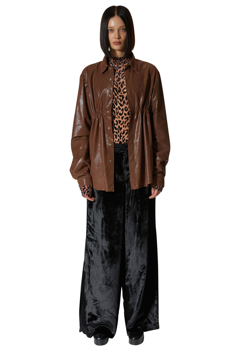 レイブレス(LABELESS)    BROWN BREAST SHIRRING LEATHER SHIRT