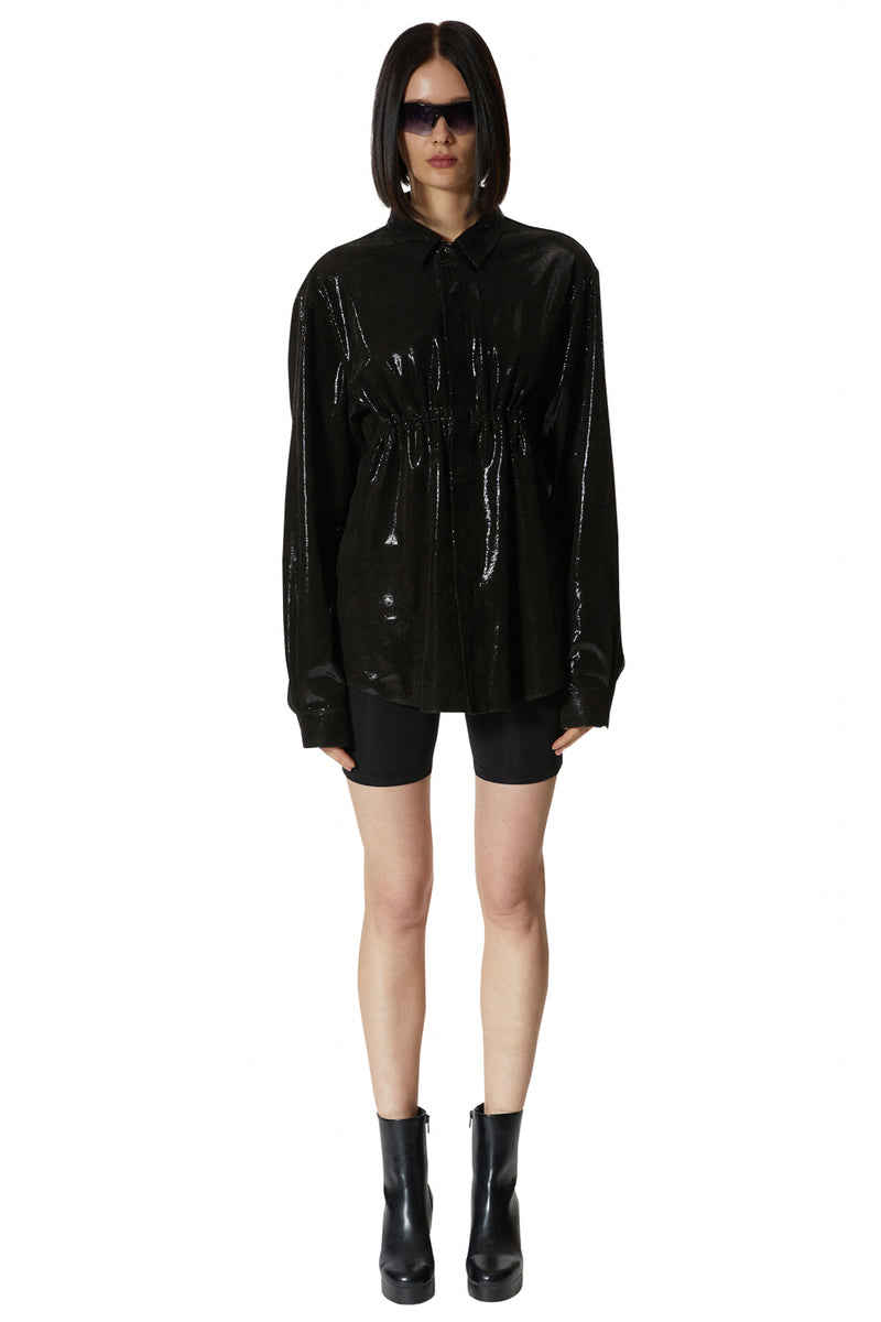 レイブレス(LABELESS)    BLACK BREAST SHIRRING LEATHER SHIRT