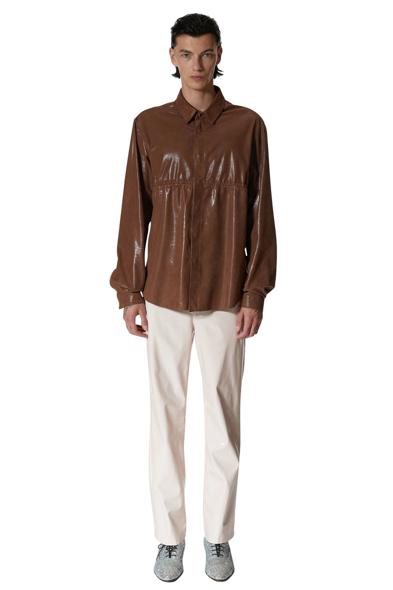 レイブレス(LABELESS)    BROWN BREAST SHIRRING LEATHER SHIRT