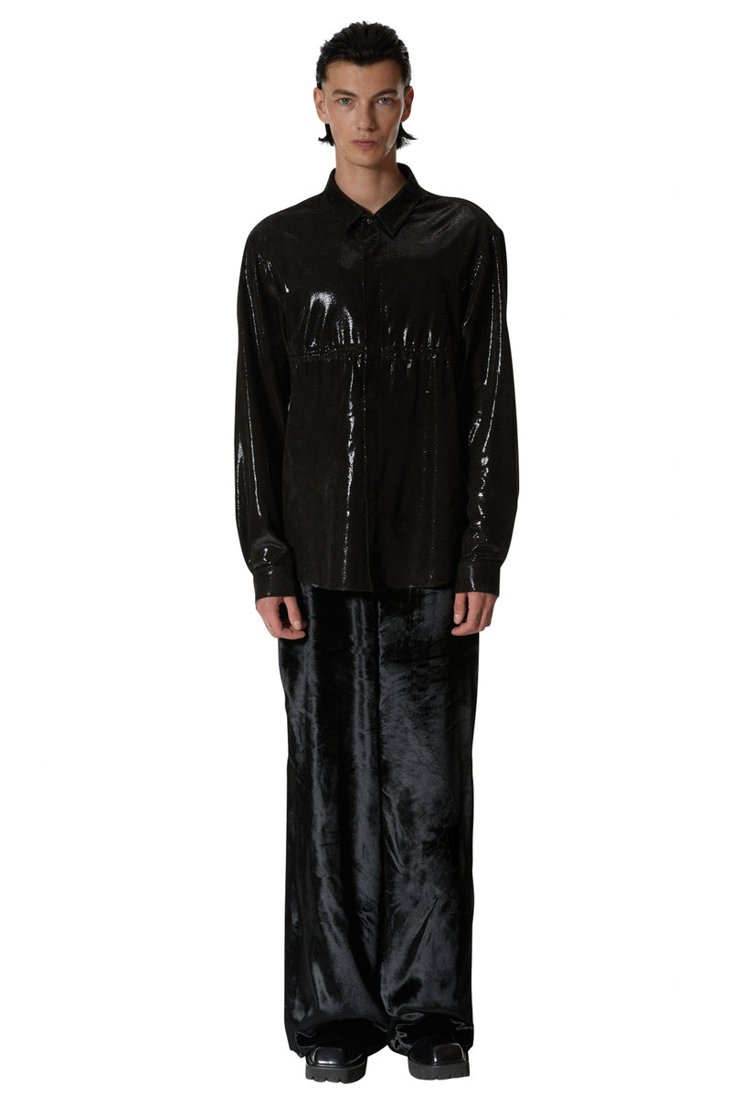 レイブレス(LABELESS)    BLACK BREAST SHIRRING LEATHER SHIRT