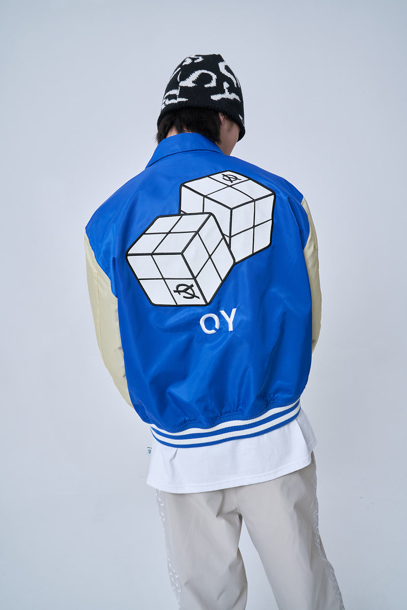オーワイ(OY) CUBE LOGO VARSITY JACKET-BLUE