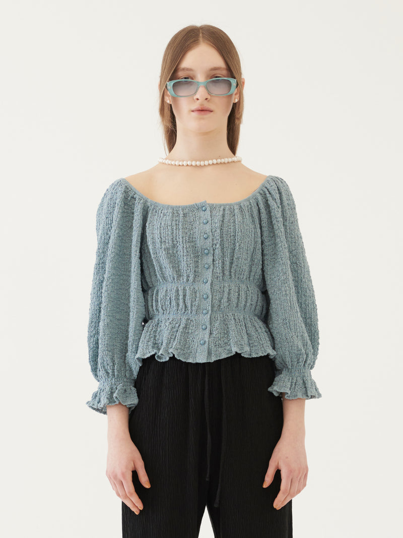 TMO BY 13MONTH（ティーエムオーバイサーティンマンス）SHIRRING SQUARE BLOUSE (BLUE)