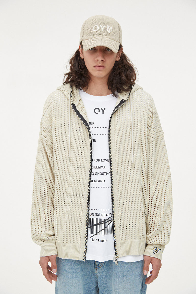 オーワイ(OY) NET STITCH KNIT HOODIE ZIP-IVORY