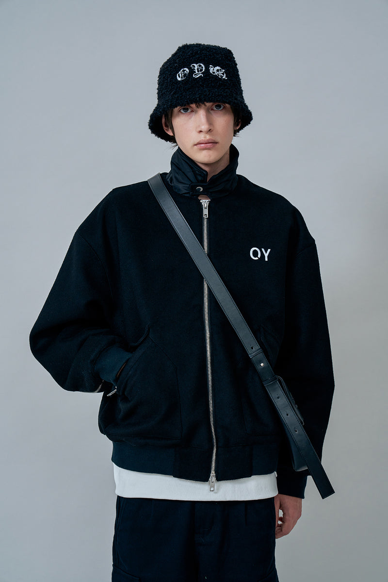 オーワイ(OY) BACK ZIPPER WOOL BOMBER JACKET-BLACK