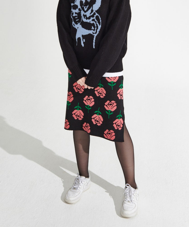 ワンダービジター(WONDER VISITOR)  Rose patern Knit Skirt [Black]