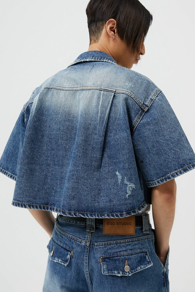 イーエスシースタジオ(ESC STUDIO) denim crop short sleeve shirt (blue)