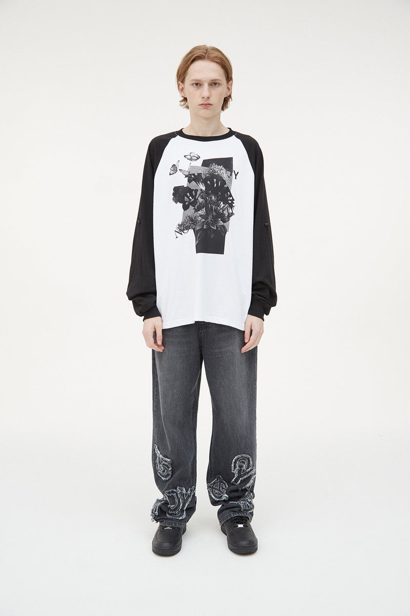 オーワイ(OY) FLOWER RAGLAN LONG SLEEVE-BLACK/WHITE