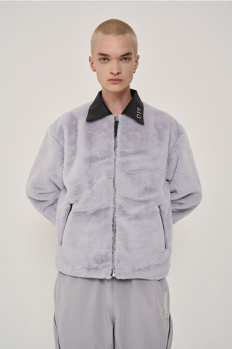 オーワイ(OY) LEATHER LOGO FUR JACKET-GREY