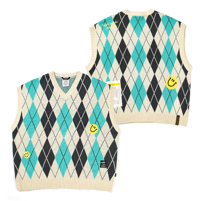 STIGMA(スティグマ)  ARGYLE SMILE OVERSIZED KNIT VEST TURQUOISE
