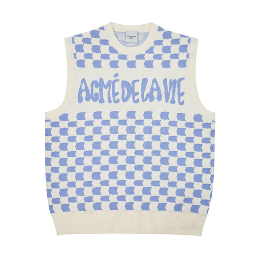 アクメドラビ(acme' de la vie) CHECKER BOARD KNIT VEST SKY BLUE