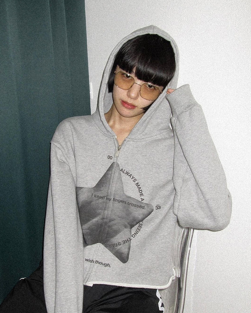 MYDEEPBLUEMEMORIES(マイディープブルーメモリーズ)      seeing the stars hood zip-up(gray)