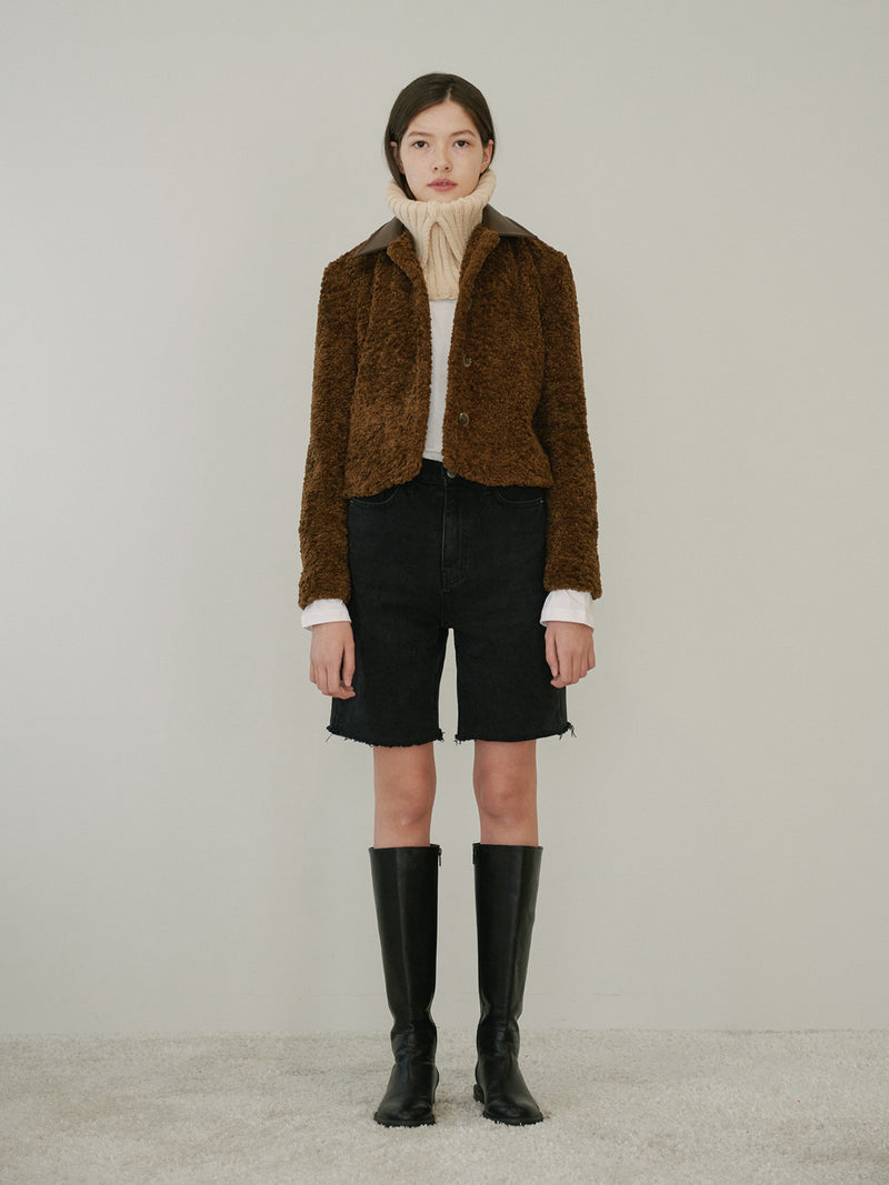 TMO BY 13MONTH（ティーエムオーバイサーティンマンス）LEATHER COLLARED FLEECE JACKET (BROWN)