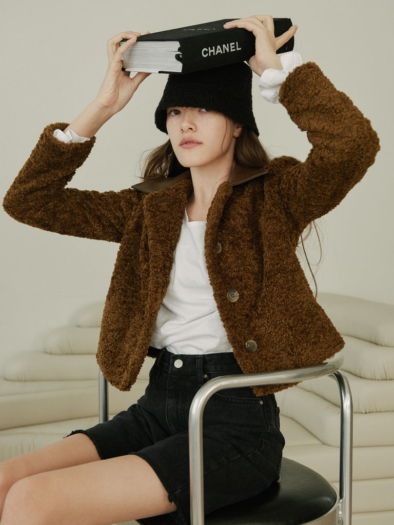 TMO BY 13MONTH（ティーエムオーバイサーティンマンス）LEATHER COLLARED FLEECE JACKET (BROWN)