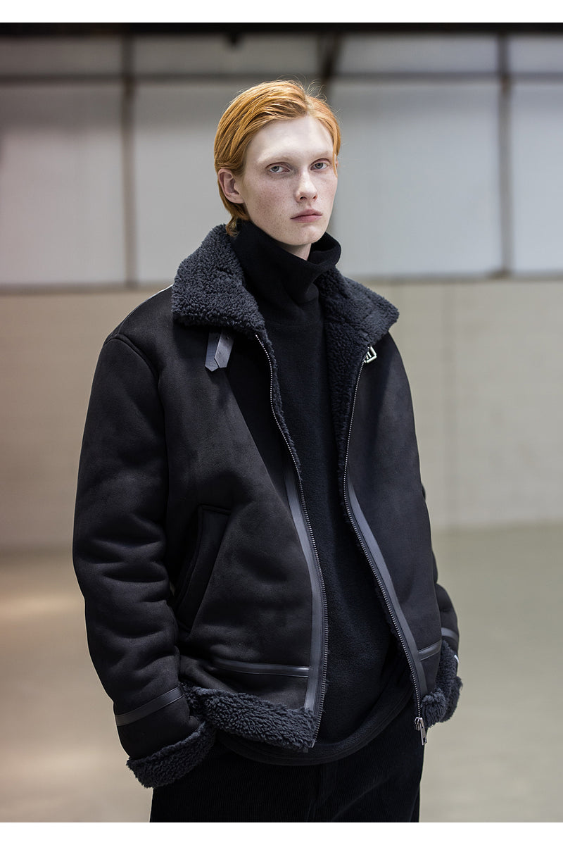 メスノウン(MASSNOUN)LEATHER STRAP OVERSIZED SUEDED MOUTON JACKET MFNJK004-BK