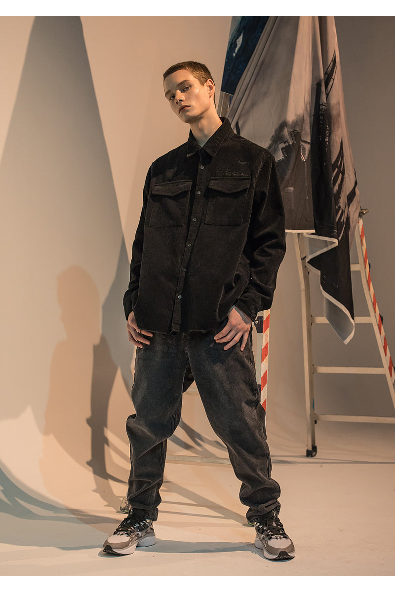 メスノウン(MASSNOUN)  SL LOGO OBJECT CORDUROY POCKET SHIRTS MFNST001-BK