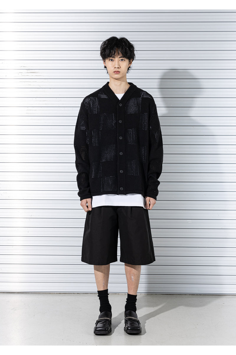 マスノウン(MASSNOUN) PUNCHING CHECKERBOARD KNIT CARDIGAN MSTCD001-BK