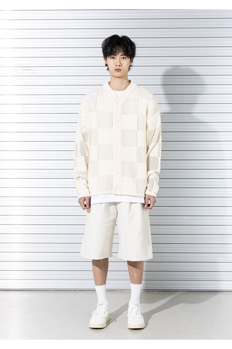 マスノウン(MASSNOUN) PUNCHING CHECKERBOARD KNIT CARDIGAN MSTCD001-CR