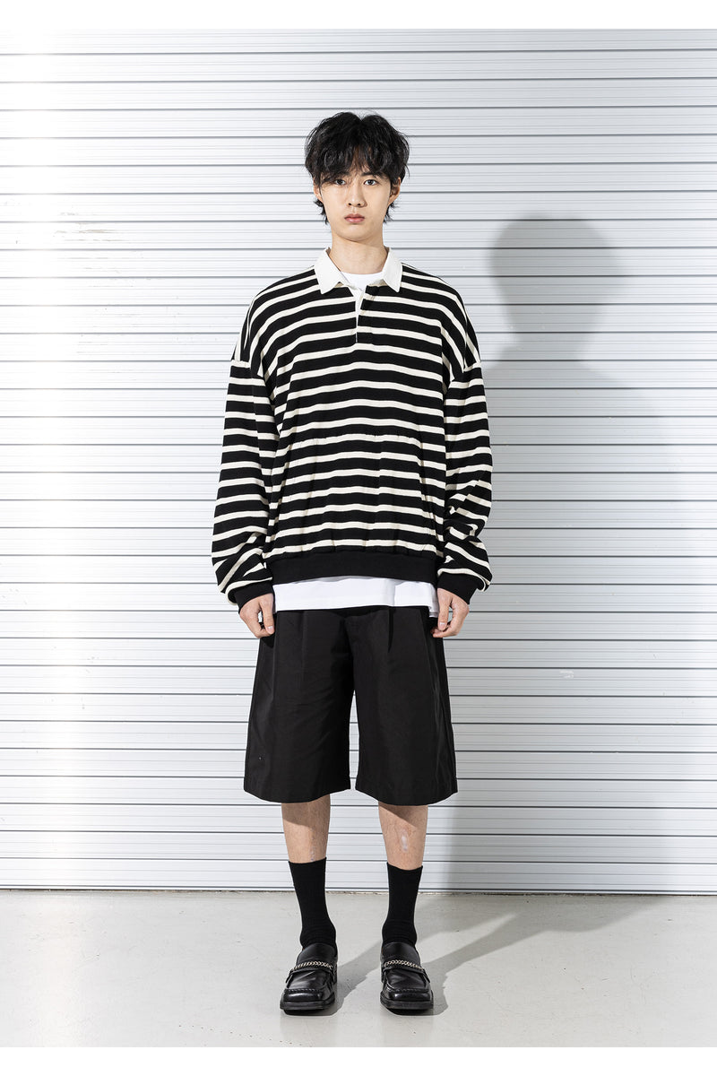 マスノウン(MASSNOUN) RUGBY WAFFLE STRIPE CREWNECK MSTLS002-BK