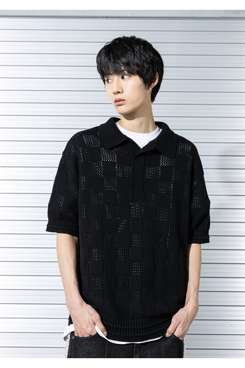 マスノウン(MASSNOUN)  CHECKERBOARD MESHED KNIT HALF SHIRTS MSTNT003-BK