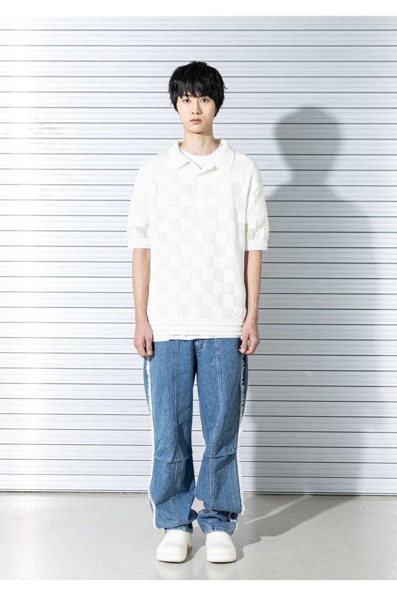 マスノウン(MASSNOUN) CHECKERBOARD MESHED KNIT HALF SHIRTS MSTNT003-CR