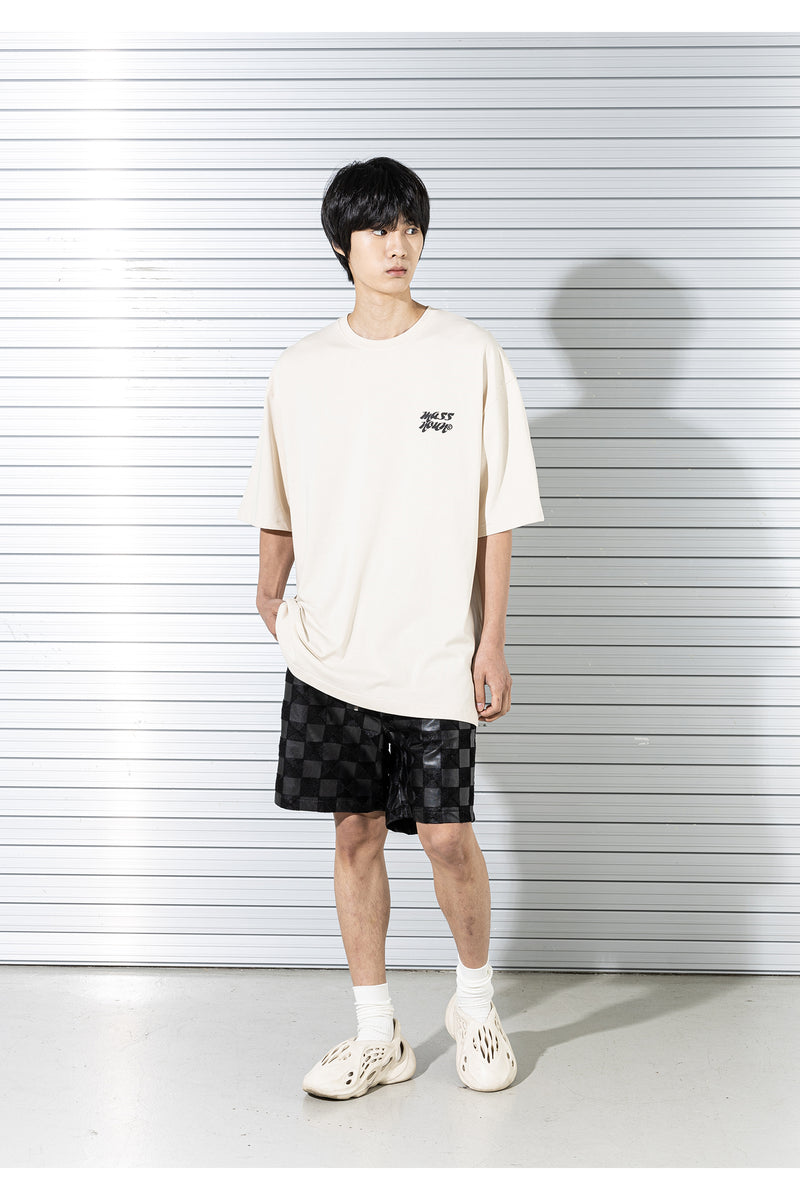 マスノウン(MASSNOUN)  CHECKERBOARD DOUBLE STITCH LEATHER SHORT PANTS MSTSP005-BK