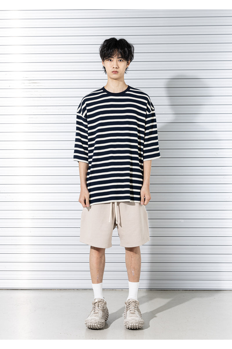 マスノウン(MASSNOUN) WAFFLE STRIPE OVERSIZED T-SHIRTS MSTTS012-NV