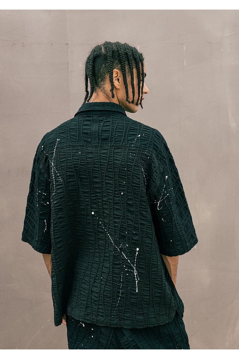 マスノウン(MASSNOUN) CREASE JAQUARD OVERSIZED HALF SHIRTS MUOST002-BK