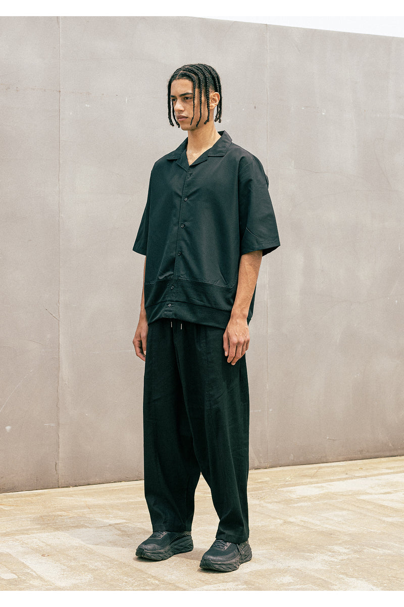 マスノウン(MASSNOUN)  COTTON MIXED OVERSIZED HALF SHIRTS MUOST004-BK