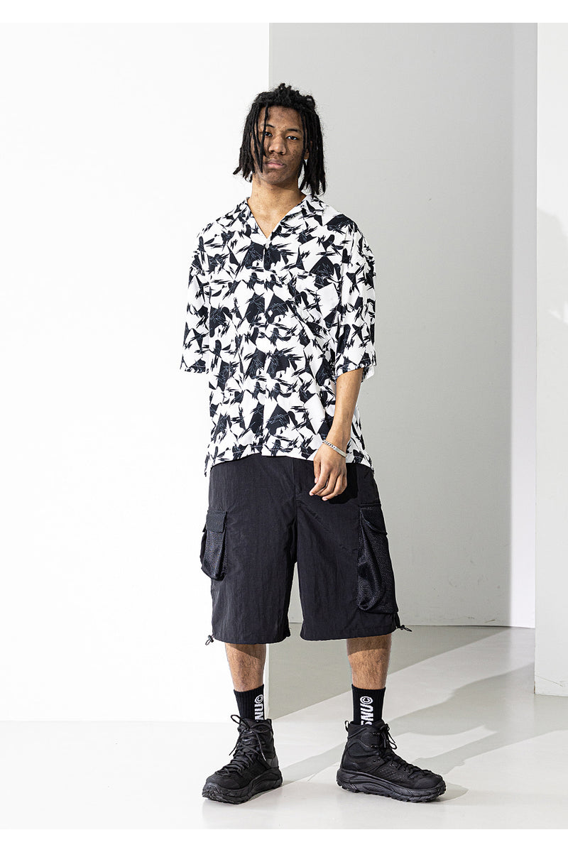 マスノウン(MASSNOUN) GEOMETRIC PATTERN OVERSIZED SHORT SHIRTS MUZST001-BK