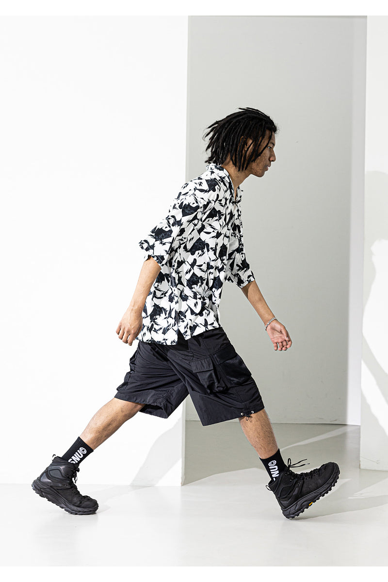 マスノウン(MASSNOUN) GEOMETRIC PATTERN OVERSIZED SHORT SHIRTS MUZST001-BK