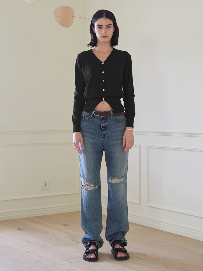 TMO BY 13MONTH（ティーエムオーバイサーティンマンス）RIBBED HEM CARDIGAN (BLACK)