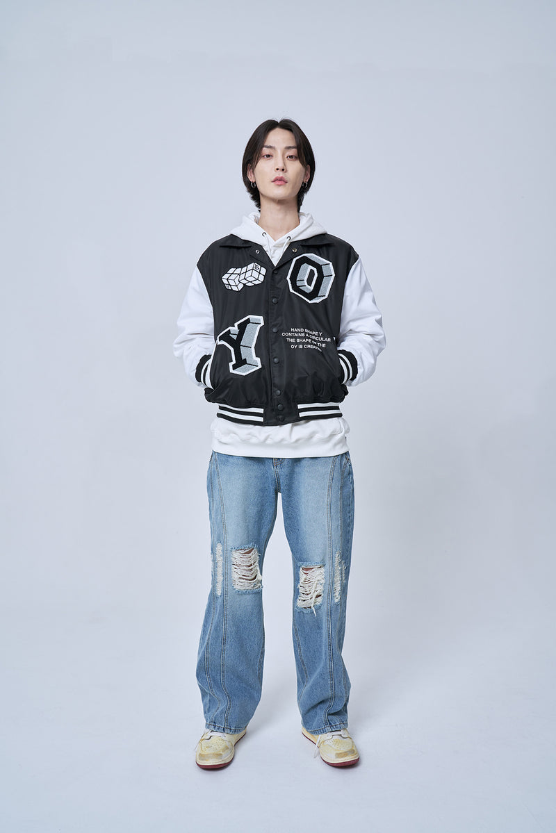 オーワイ(OY) CUBE LOGO VARSITY JACKET-BLACK