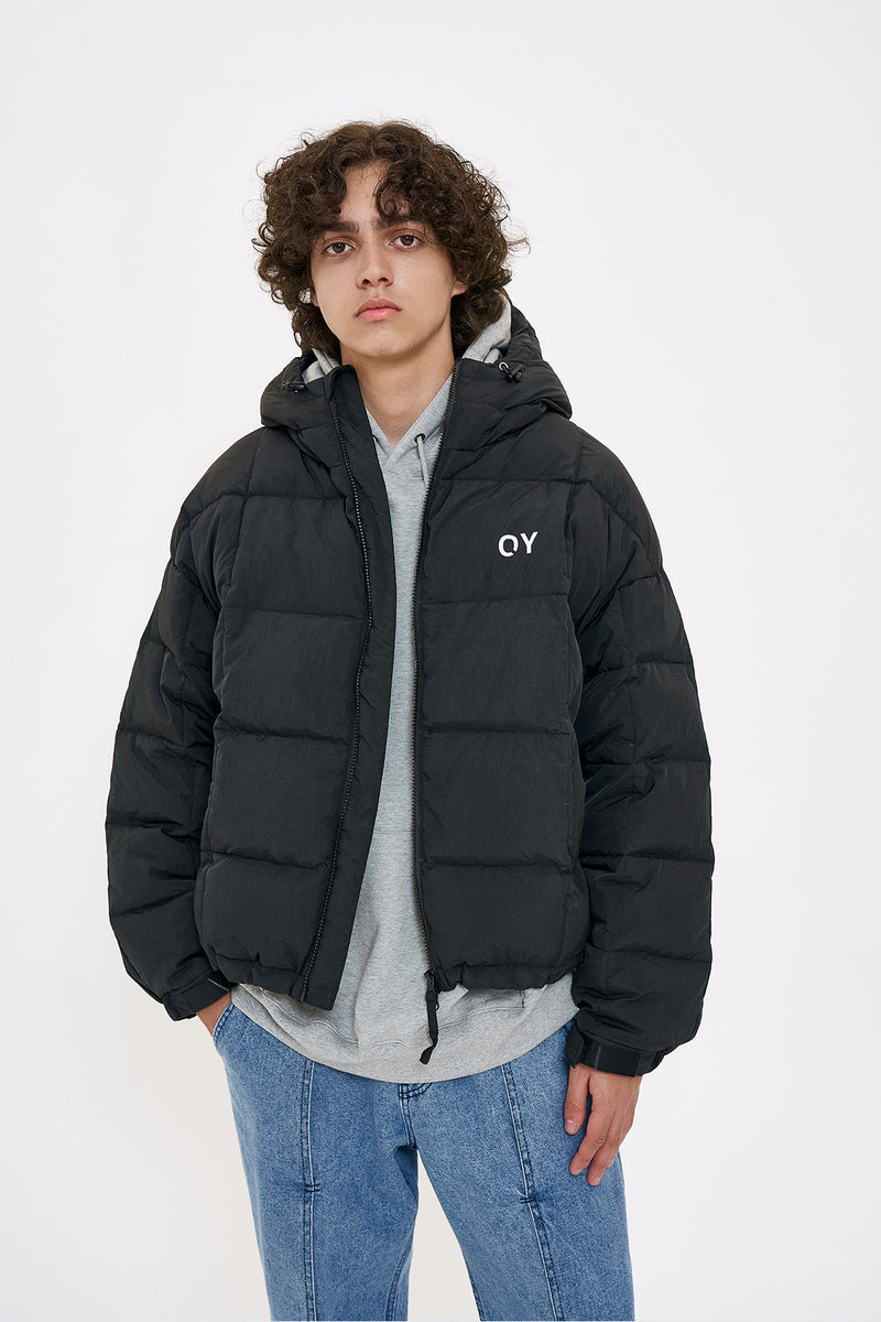 オーワイ(OY) SQUARE BLOCK HOODIE DOWN JUMPER-BLACK