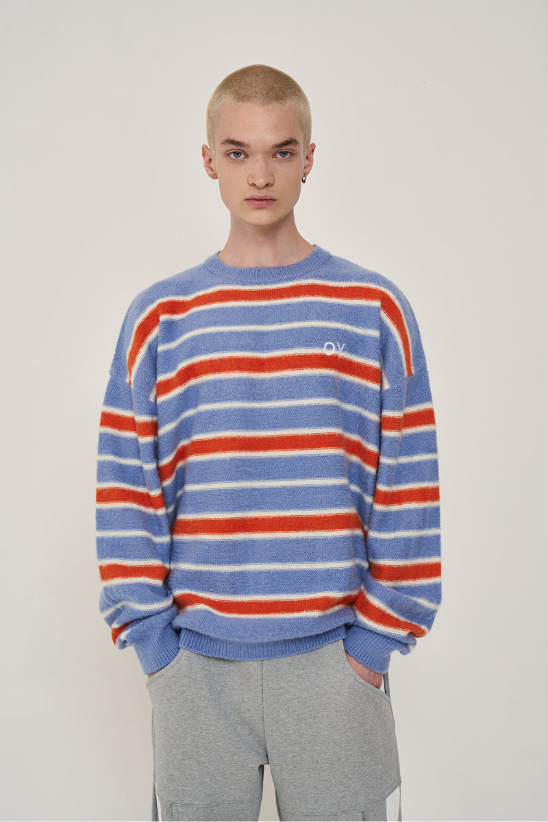 オーワイ(OY) MOHAIR STRIPE KNIT-ORANGE/BLUE