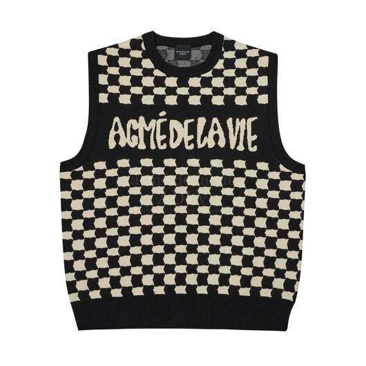 アクメドラビ(acme' de la vie) CHECKER BOARD KNIT VEST BLACK