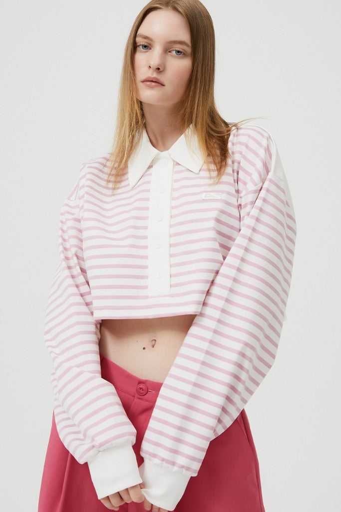 イーエスシースタジオ(ESC STUDIO)  stripe crop polor shirt (pink)