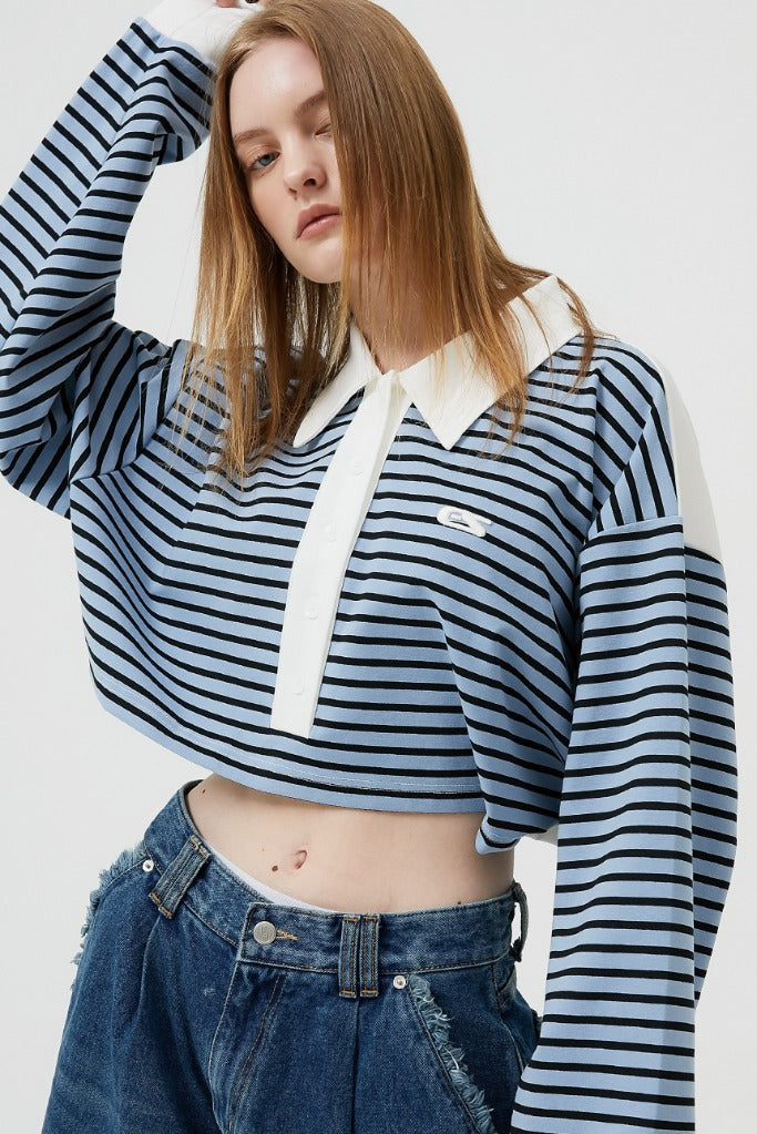 イーエスシースタジオ(ESC STUDIO)  stripe crop polor shirt (blue)