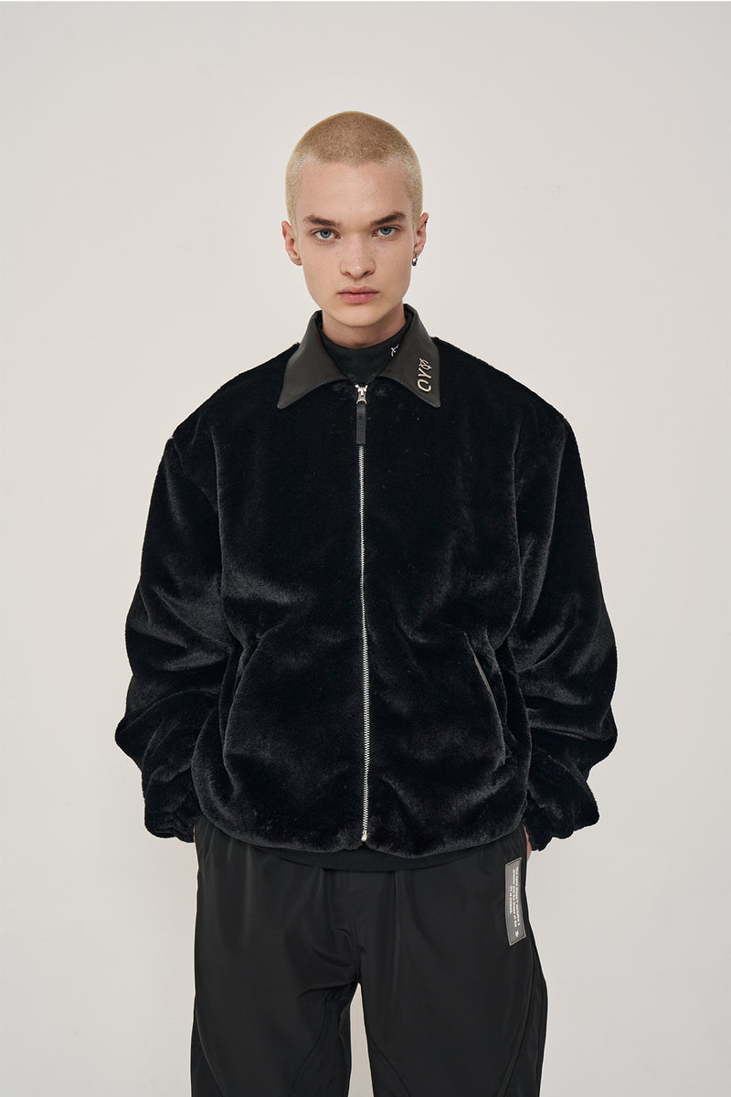 オーワイ(OY) LEATHER LOGO FUR JACKET-BLACK