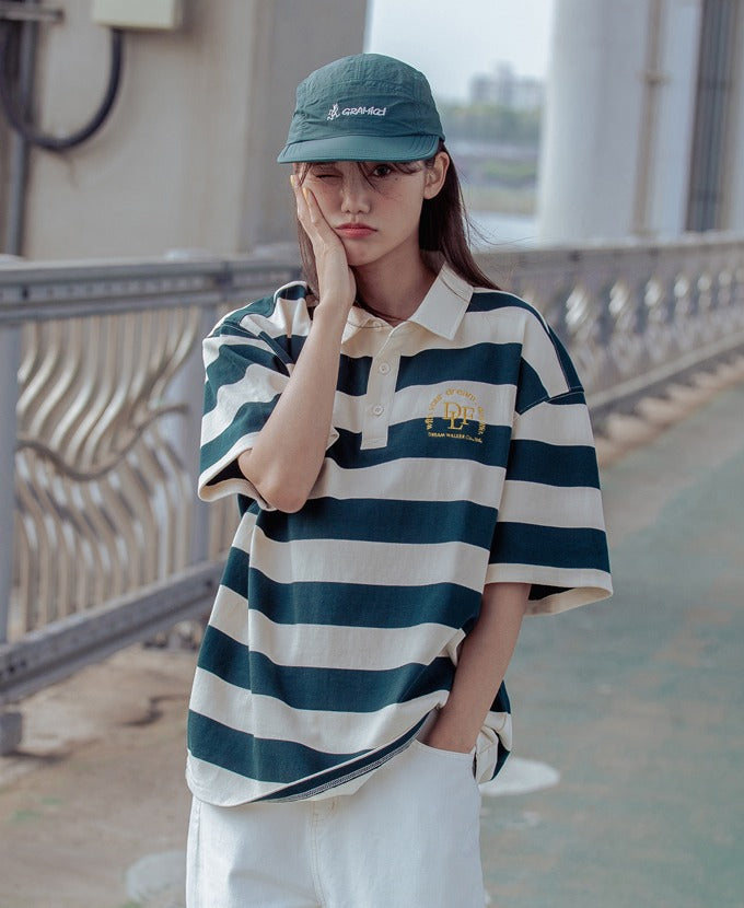 デイライフ(Daylife) Striped Rugby T-Shirt (Green)