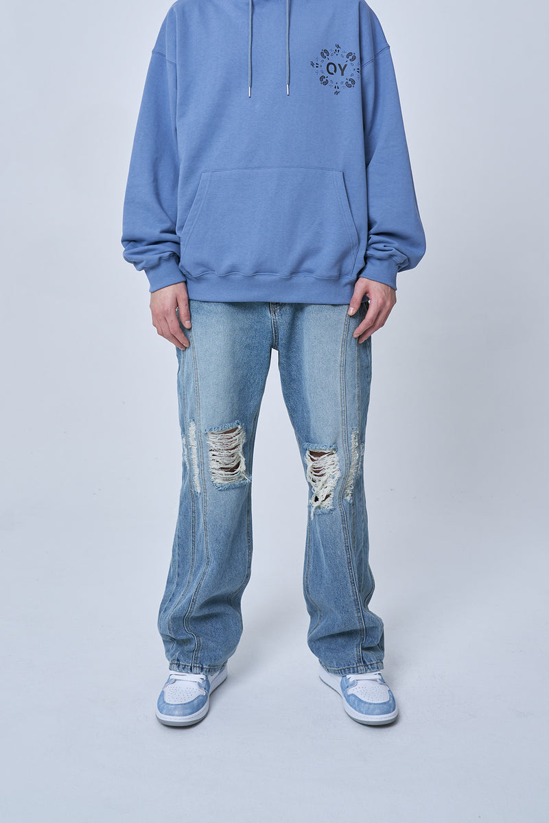 オーワイ(OY) DESTROYED CURVE LINE JEANS-BLUE