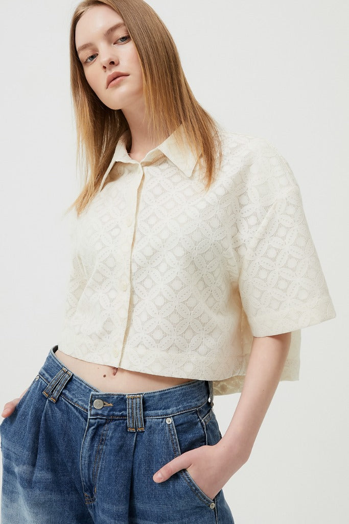 イーエスシースタジオ(ESC STUDIO) lace crop shirt (ivory)