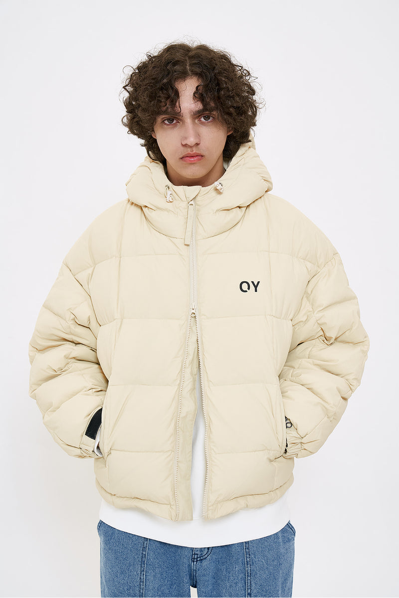 オーワイ(OY) SQUARE BLOCK HOODIE DOWN JUMPER-SAND BEIGE