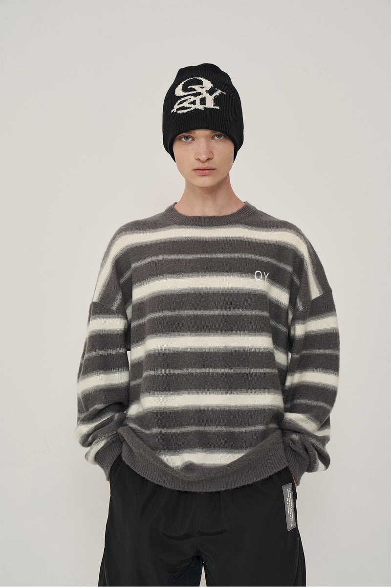 オーワイ(OY) MOHAIR STRIPE KNIT-GREY/IVORY