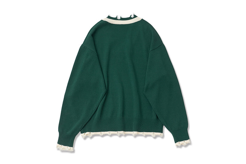 Q CUMBERS (キューカンバース) V-NECK DISTRESSED SWEATER / Green