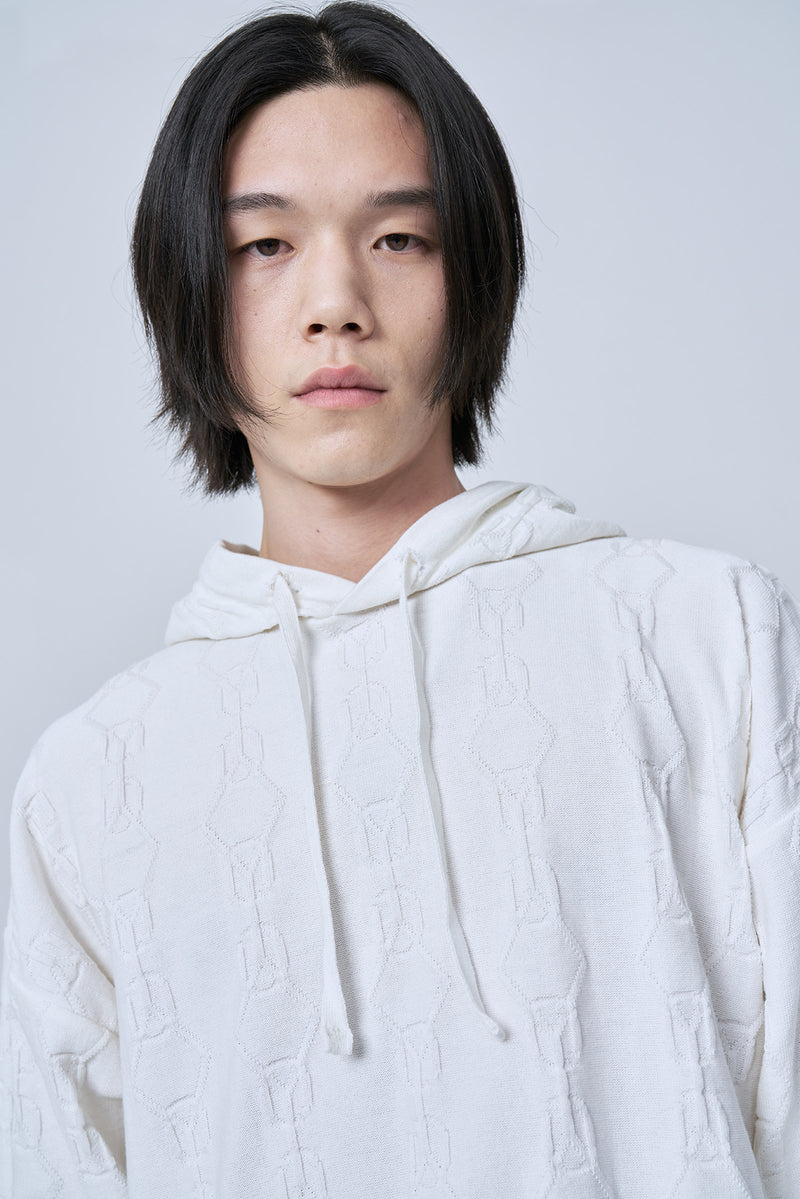 オーワイ(OY) MONOGRAM LOGO KNIT HOODIE-WHITE