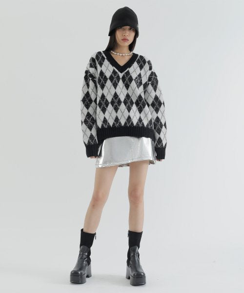 curetty (キュリティー)  C ARGYLE PATTERN JACQUARD KNIT TOP_BLACK